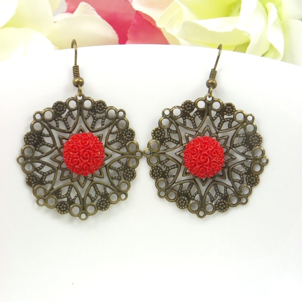 Valentines day Red flower Bronze Handmade Earrings